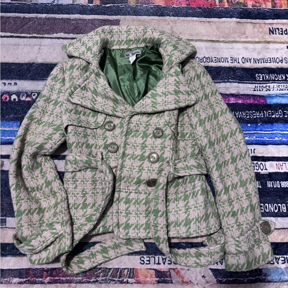 Hot & Delicious Green and Cream Houndstooth belted Jacket small